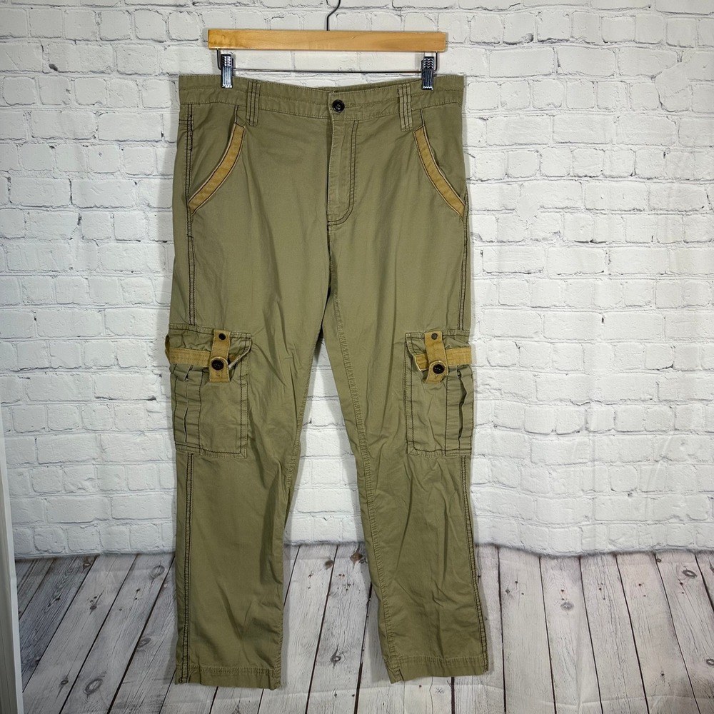 Vintage Brass Mens Cargo Pants Olive Green Canvas Strap Utility Straight Leg 34